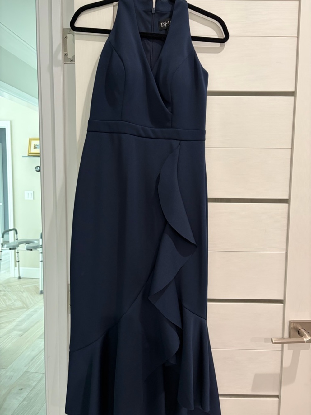 Navy  V-Neck Sleeveless Dress w Cascading hemline